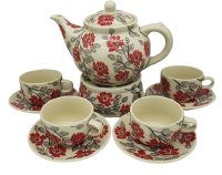 Bunzlauer Keramik Set Teekanne mit Stövchen und 4 Tassen mit Untertassen, Dekor Angela