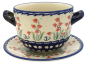 Preview: Bunzlauer Keramik Suppentasse mit Unterteller Glockenblume rot, Seitenansicht