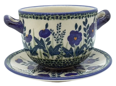 Bunzlauer Keramik Suppentasse mit Unterteller Blaue Primel, Seitenansicht