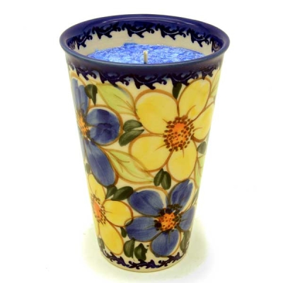 Bunzlauer Duftkerze im Becher, Dekor Blume blau und gelb