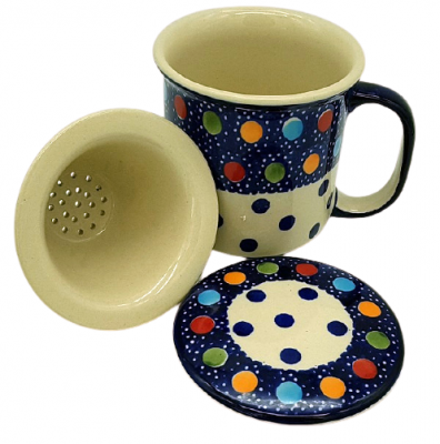 Polish Pottery Teaset, straight mug 400 ml with sieve and lid, pattern Konfetti
