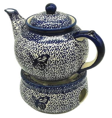 bunzlauer-keramik-teekanne-mit-stoevchen-dekor-blauer-falter Ansicht schräg von oben
