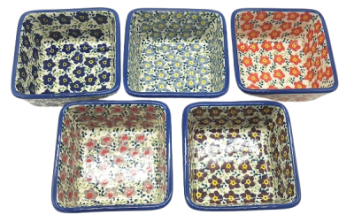 Bunzlauer Keramik Set quadratische Schälchen Serie Viola 5 Farben, Draufsicht