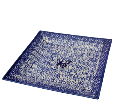 Bunzlauer Teller quadratisch 22,5 cm Dekor blauer Falter