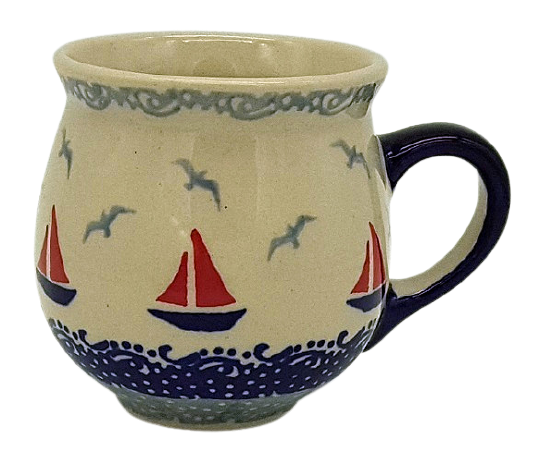 Polish Pottery round belly mug, (m), vol 0.35cm, (h) 9.4cm, Blue Spot  Pattern