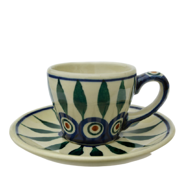 Pfauenauge Bunzlauer Keramik Espressotasse mit Untertasse F037-54 blau/weiß 