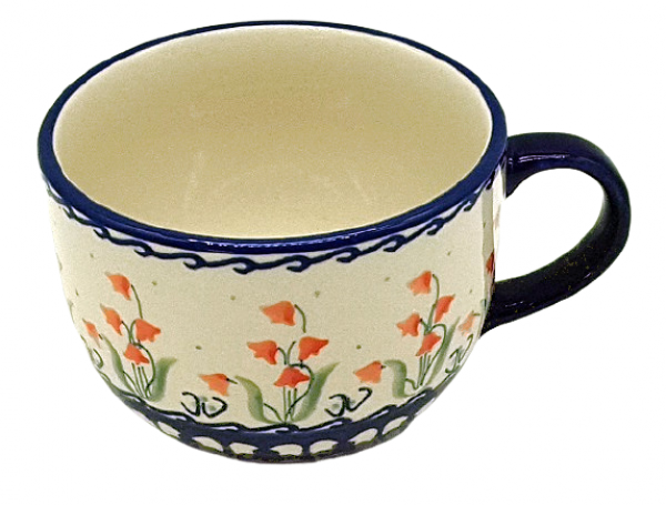 Bunzlauer Keramik Milchkaffee-Tasse im Dekor Glockenblume rot