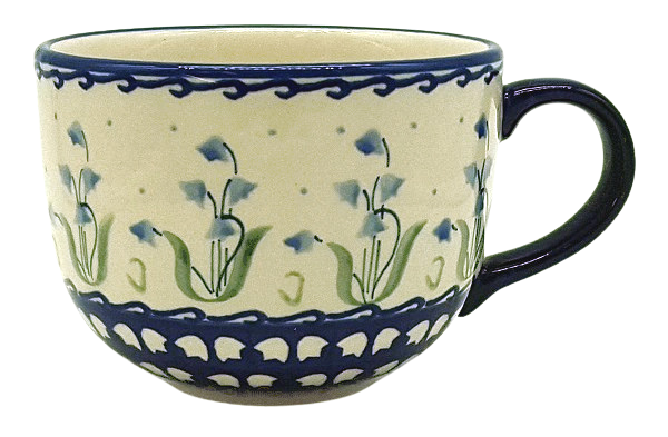Bunzlauer Keramik Milchkaffee-Tasse im Dekor Glockenblume blau