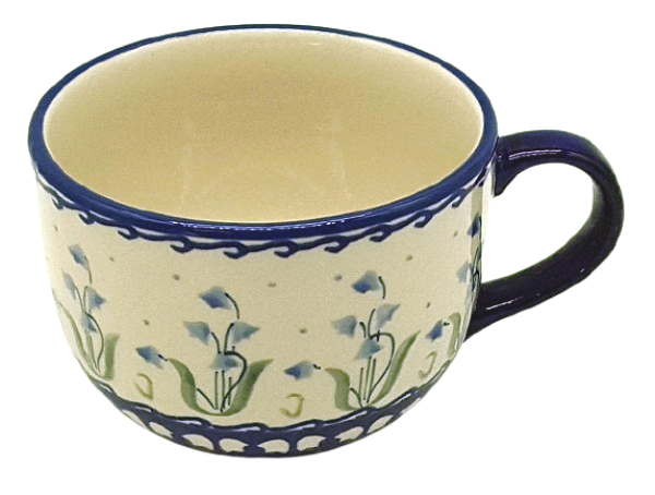 Bunzlauer Keramik Milchkaffee-Tasse im Dekor Glockenblume blau Oberansicht