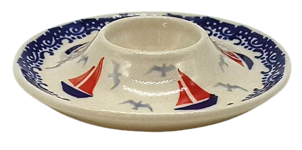Bunzlauer Keramik Eierteller in Tellerform, Art.-Nr. J-051, klassisches Dekor Sail