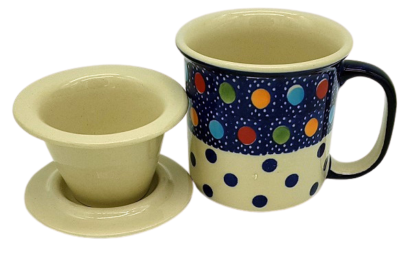 Polish Pottery Teaset, straight mug 400 ml with sieve and lid, pattern Konfetti