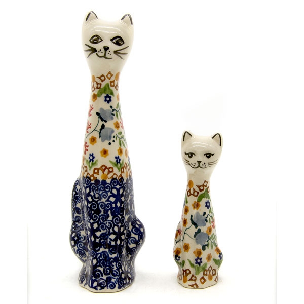 Bunzlauer-Keramik-Figurenset-kleine-Katze-9,5-cm-mittelgroße-Katze-16-cm-Florac