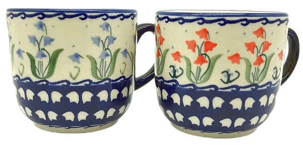 Bunzlauer-Keramik-Set-2-Tassen-250-ml-Glockenblume-blau-und-rot