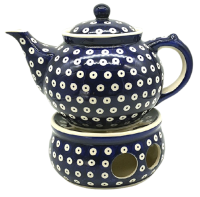 Bunzlauer Teekanne 1,2 L mit Stövchen Dekor Blauauge, Seitenansicht